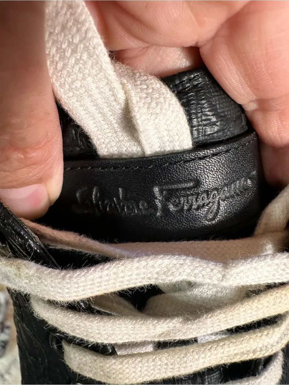 Salvatore Ferragamo Black Leather gancini Sneakers with White Laces